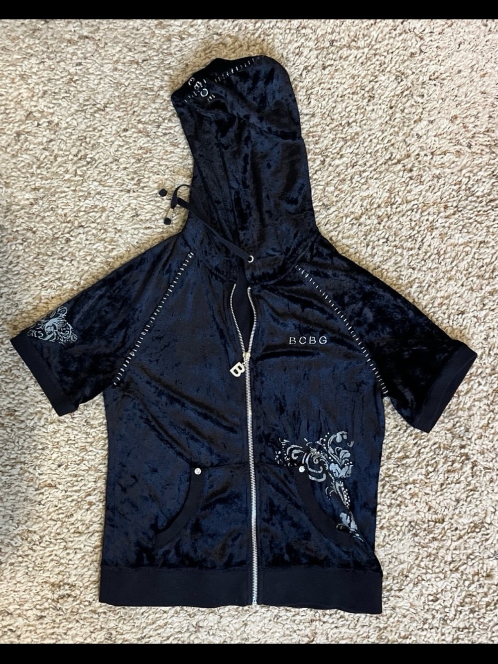 BCBG Vintage Black Velvet Short Sleeve Zip-up Jacket Top Women’s